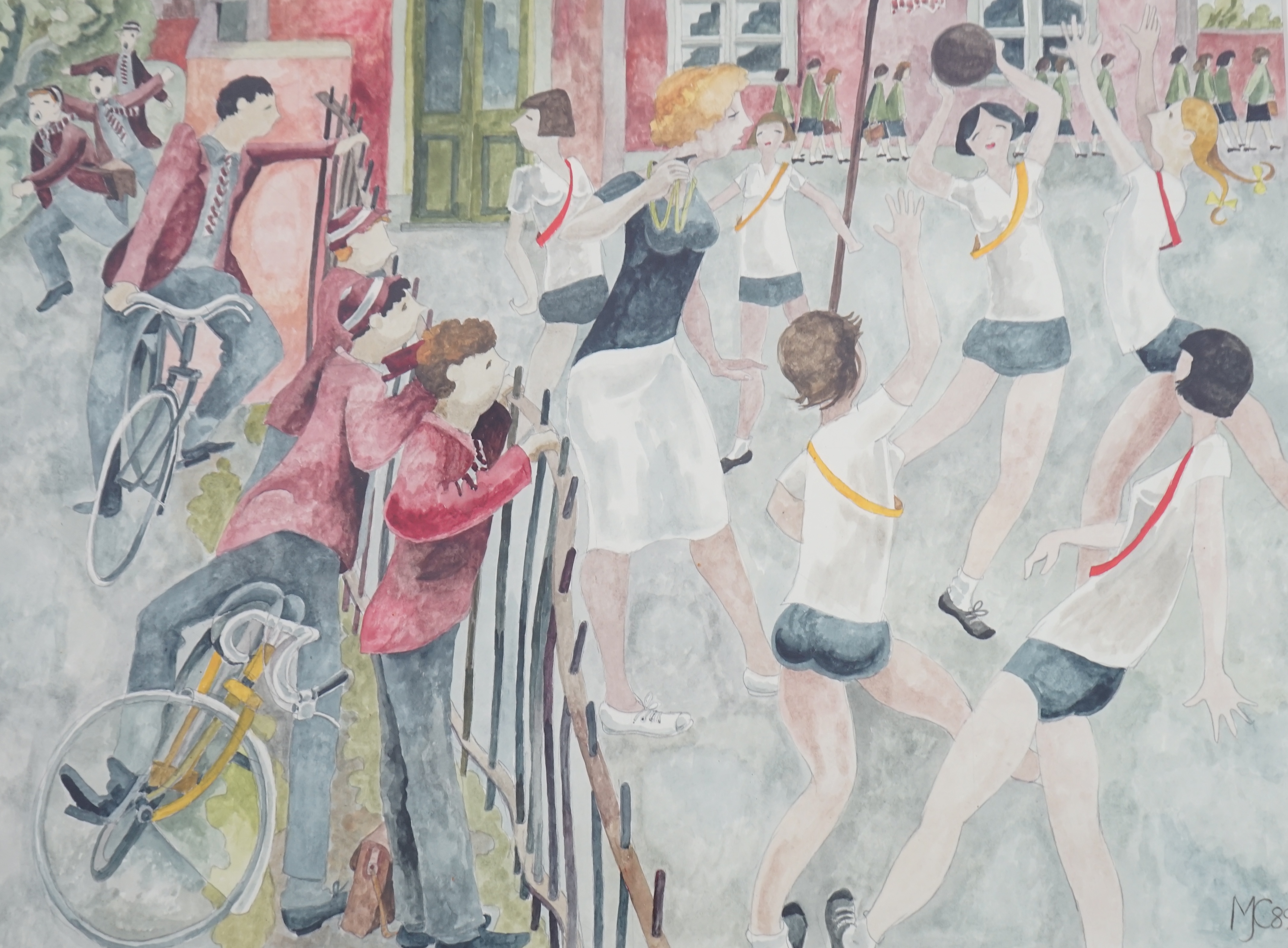 Michael Coulter (English, b.1937), ‘Netball at The Girl’s School’, watercolour, 41 x 55cm